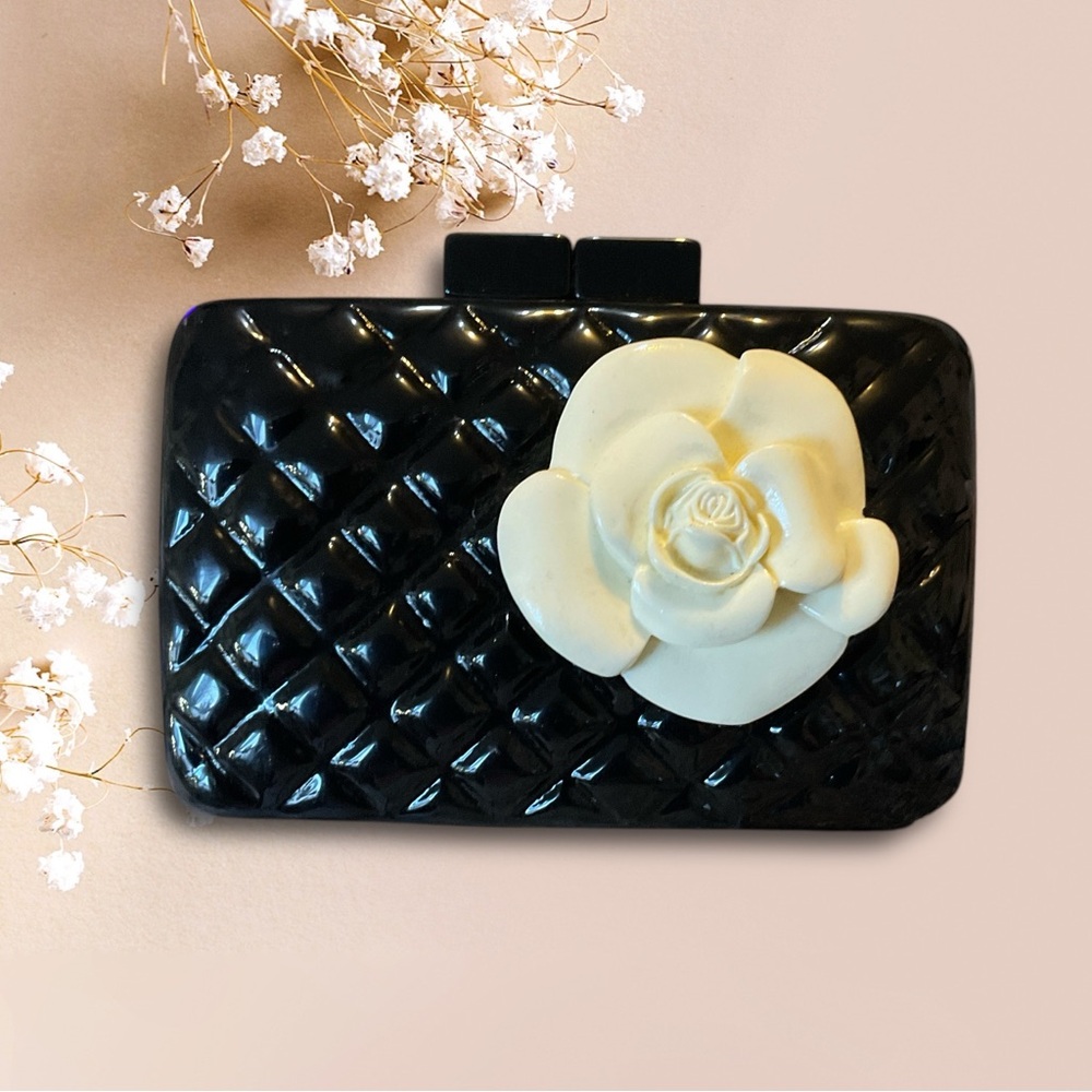 Seafolly Black and Cream Quilted Clutch with Floral Embellishment